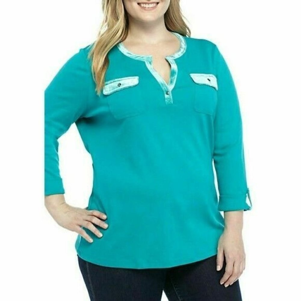 𝅺kim Rogers Blue Velvet Trim Split Neck Long Sleeve Jersey Top Plus Size 1X NWT
